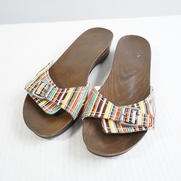 Dr. Scholl's Shoes - Dr Scholls Multi Color Striped Buckle Slide Sandals Wood Grain Sole Size 8